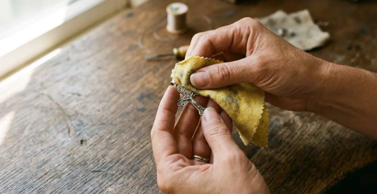 Main d'adulte tenant délicatement une petite croix en argent sterling avec un chiffon doux pour son entretien