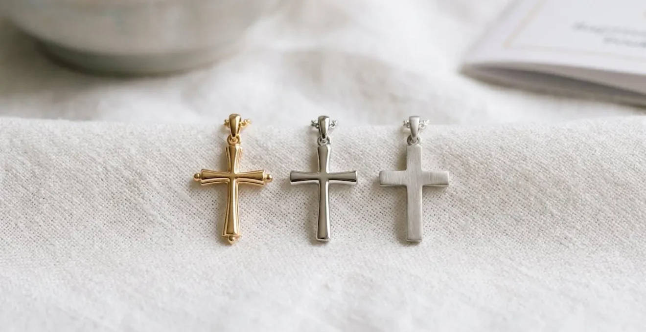 Trois croix de baptême posées sur un tissu blanc, représentant l'or jaune, l'or blanc et l'argent 925